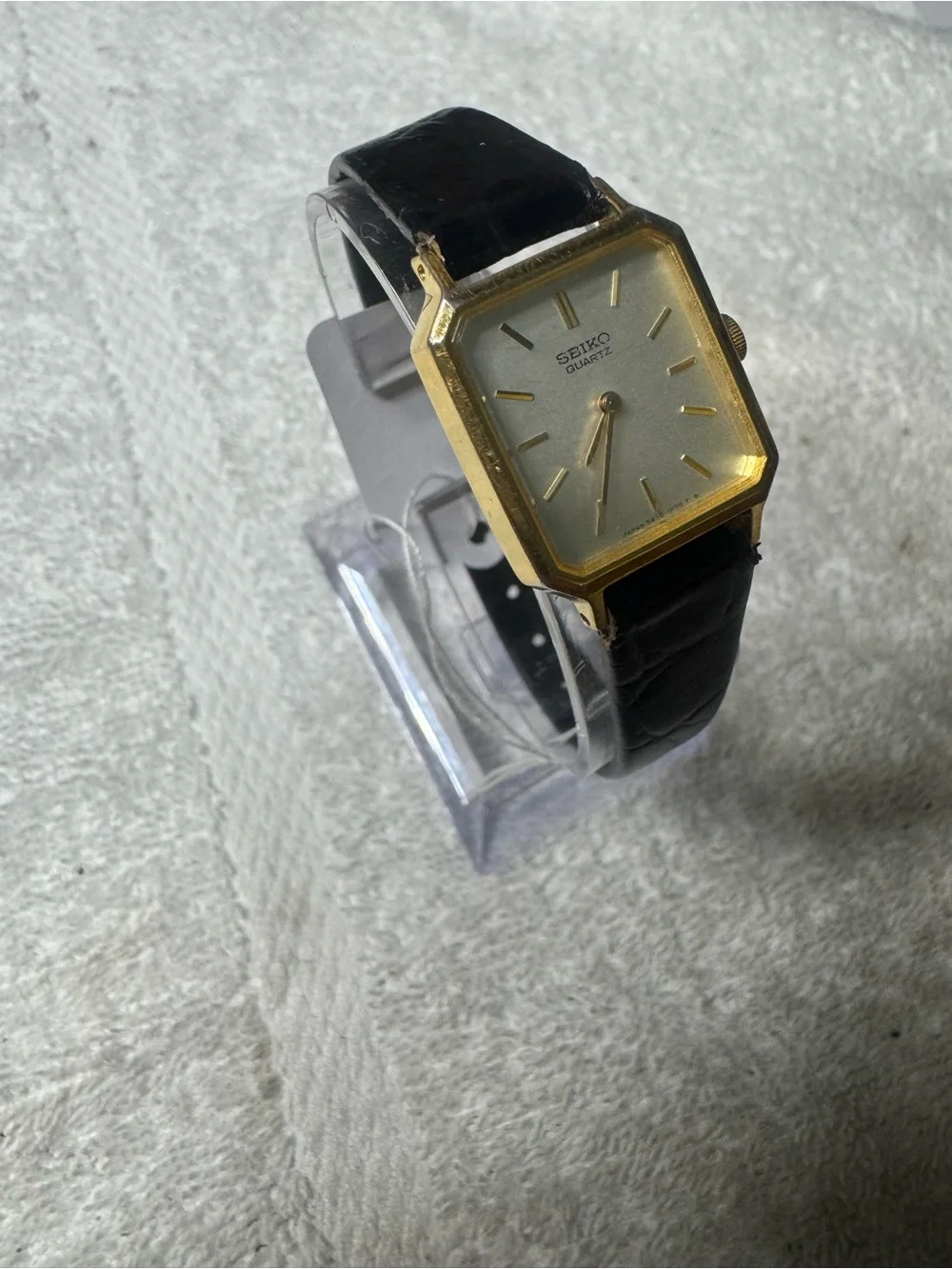 Seiko Gold Tone Square Watch with Silver Dial and Black Strap